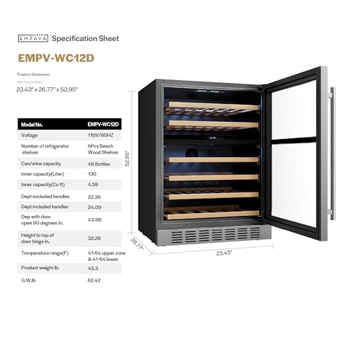 Image of Empava 24 inch Dual Zone Wine Cooler Refrigerator Under Counter with Reversible Glass Door, Freestanding Fridge with LED Light, Touch Control, 46 Bottles Capacity