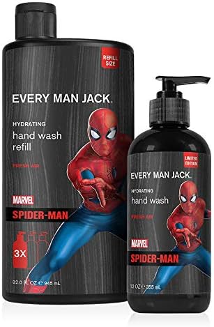 Every Man Jack Hand Wash - Marvel Spider-Man | 12-ounce Bottle + 33.8-ounce Refill | Naturally Derived, Parabens-free, Pthalate-free, Dye-free, and Certified Cruelty Free
