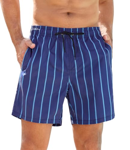 SILKWORLD Men's Swim Trunks Quick Dry Swimsuit New 2025 Bathing Suit Stretchy Swimming Shorts, Navy Striped, XX-Large