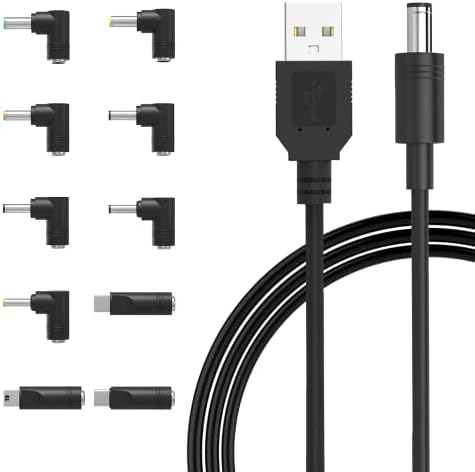 5V USB to DC Power Cable Charger 5.5 x 2.1mm Barrel Jack with 10 Connectors(5.5 * 2.5, 4.8 * 1.7, 4.0 * 1.7, 4.0 * 1.35, 3.5 * 1.35, 3.0 * 1.1, 2.5 * 0.7, Micro USB, Type-C, Mini USB)
