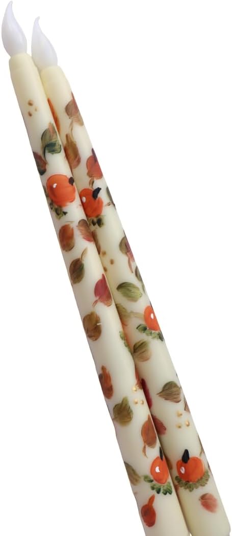 Decorative Hand Painted Pumpkins and Falling Leaves by Artist not Printed Flickering Flameless Taper Candles Battery Operated Tapered Candlesticks Halloween Fall Decor Autumn Decorations