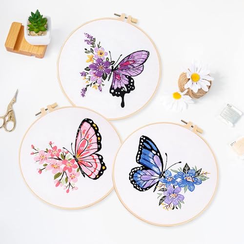 Image of LB Butterfly Embroidery Kit for Beginners Adults, 3 Sets Hand Embroidery Starter Kit with Flower Pattern and Instructions Stamped Cross Stitch Kits Include Embroidery Hoop Needles Threads Scissors