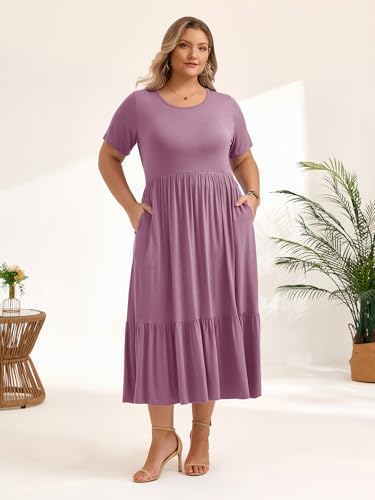 Image of LARACE Plus Size Dresses for Women Summer Casual Short Sleeve Long Dress Flowy Maxi Beach Dresses with Pockets L-6XL