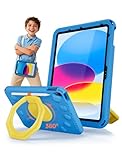 ProCase Kids Case for iPad A16 11th Gen/iPad 10th Gen 10.9 inch/iPad Air 11 inch M4 M3 M2/ Air 5th/ Air 4th, Shockproof Cover with Pencil Holder, Ring Stand Handle, Shoulder Strap -Blue & Yellow