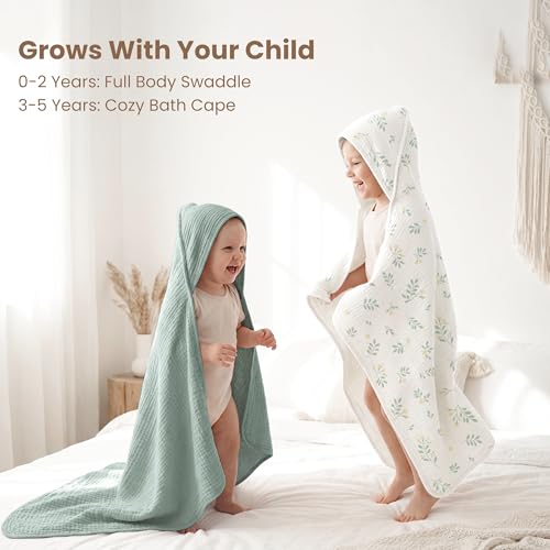 Image of Konssy 2-Pack Muslin Hooded Baby Towels, 100% Cotton, Ultra-Soft & Absorbent Baby Bath Towels with Hood for Newborn & Infant (Green, Leafy,32 inch x 32 inch)