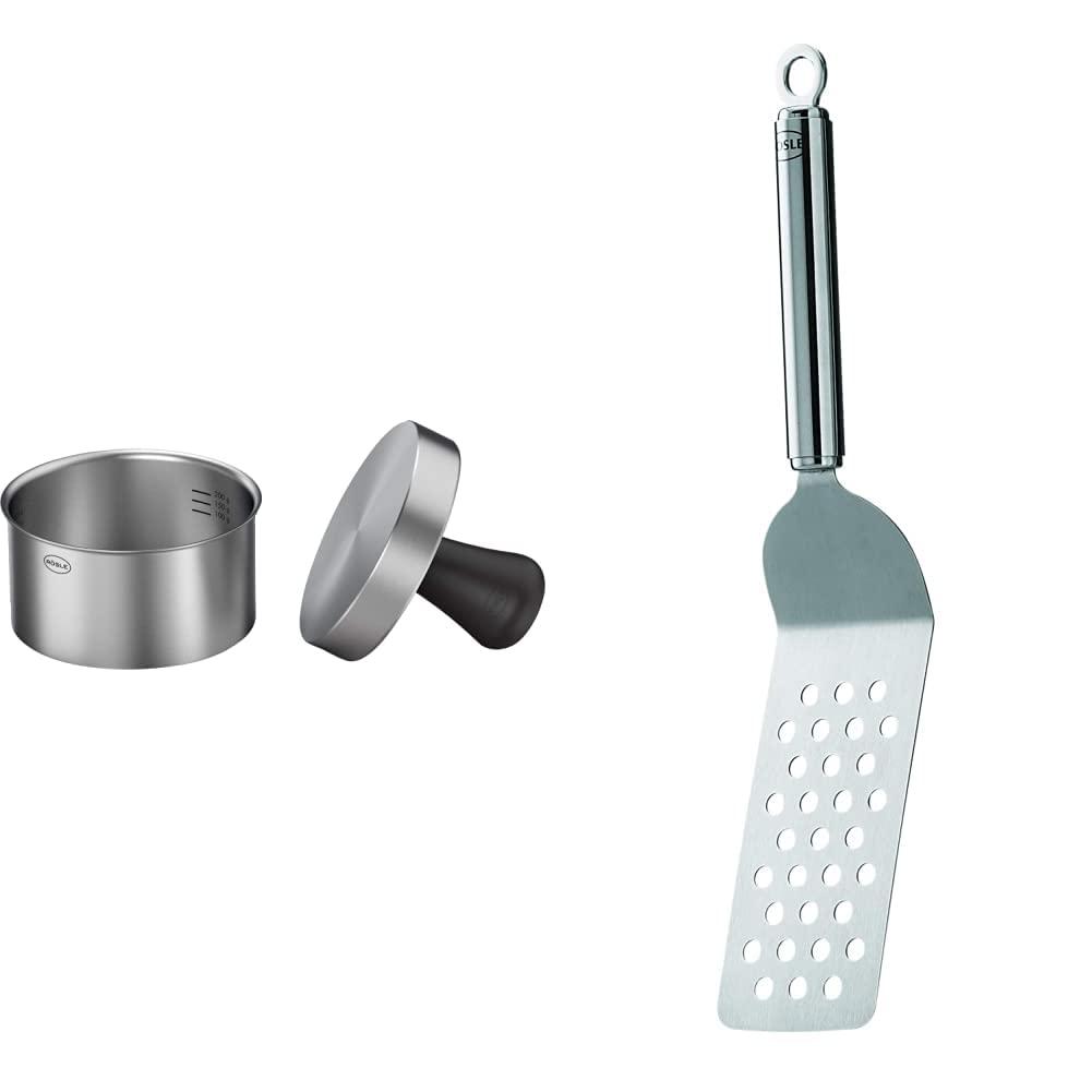 RÖSLE Burgerpresse PRO, Hochwertige Fleischpresse zum einfachen Formen von Burgerpatties, Edelstahl 18/10, 11 cm, 12 x 12 x 9 cm & Burger Wender, Hochwertige Burger Palette mit Lochung