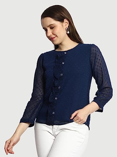 Image of PRETTIFY Women's Regular Fit Solid Embroidery Georgette Waist Length, 3 /4 Sheer Sleeve, Round Neck Casual Wear Western Shirt Top for College /Office Girls