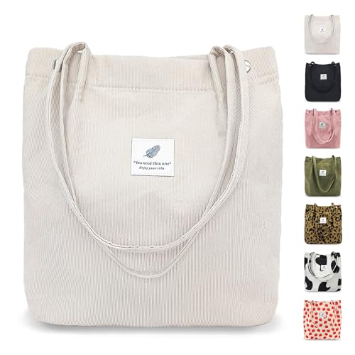 GODWOODS Bolsa feminina de veludo cotelê, bolsa de ombro casual Hobo de grande capacidade com bolsos internos para trabalho, viagens, compras, Bege, Large
