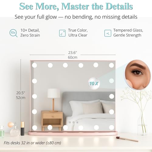 Image of LUXFURNI Vanity Mirror with Lights, 23.6 inch Hollywood Makeup Mirror Rose Gold | 18 Surround LED Bulbs, 360 Shadow-Free Lighting, 3 Color Modes, USB Charging, Tabletop & Wall Mount for Bedroom Dorm Desk
