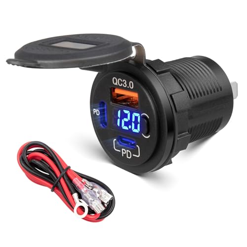 Anina 78W Dual PD USB-C QC3.0 Fast Charging 3 Port Car Charger Socket 12V/24V with Voltmeter and Battery Protection Switch USB Outlet Cigarette Lighter for Marine Boat RV Truck Golf Cart Motorcycle