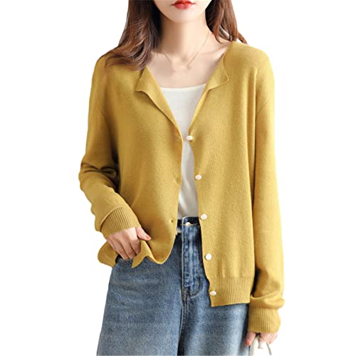Cardigan 100 % laine femme jaune L, manteau fin automne hiver cachemire tricoté