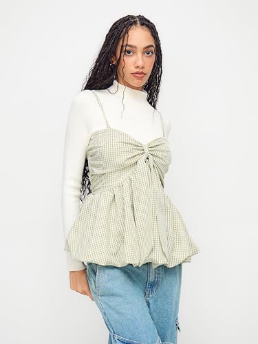 CIDER Plaid Shirts for Women Check Shirred Knotted Cami Top Sleeveless Bubble Hem Cute Blouse Going Out Top3