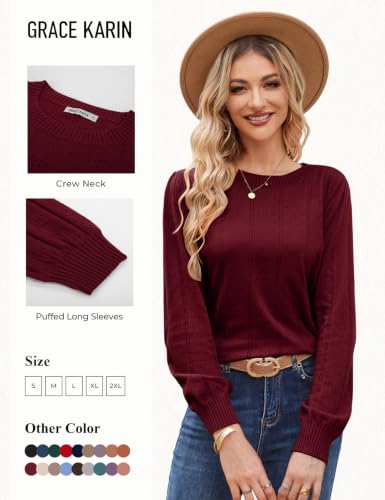 Image of GRACE KARIN Fall Sweaters for Women 2026 Puff Long Sleeve Crewneck Dressy Casual Tops Crochet Hollow Out Cute Pullover Blouse