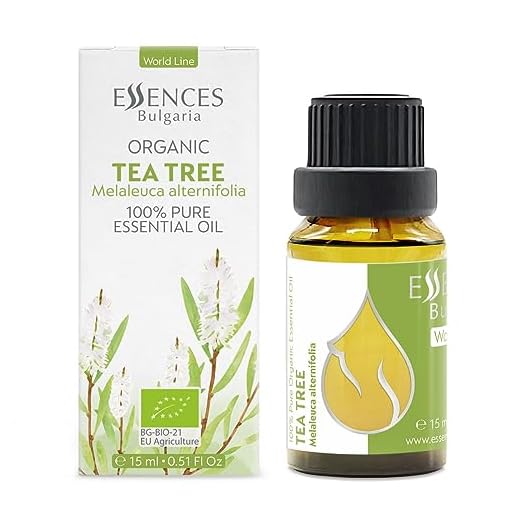 Essences Bulgaria Aceite Esencial de Árbol de Té Orgánico 15ml | Melaleuca alternifolia | 100% Puro y Natural | Sin diluir | Grado Terapéutico | Aromaterapia | Cosméticos | Libre de crueldad | Sin OGM