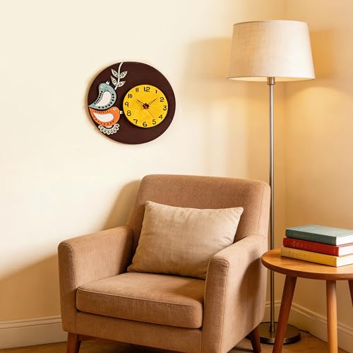 Image of AAKRITI ART CREATIONS Wall Clock Handcrafted Wooden Tribal Art with Birds Motif Brown | Wall Clock for Home, Home Decoration | Floral Art Wall Hanging, Lightweight Wooden wall Decor, Matte Finish