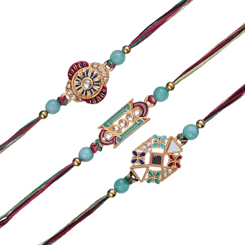 Image of eCraftIndia Set of 3 Rakhi Combo Hamper | Om Krishna Peacock Feather Lord Ganesha Silver Religious Designer Rakhis | Roli Chawal Pack