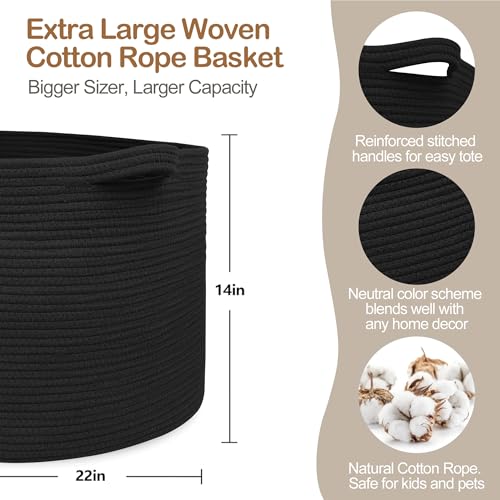 Image of MEGASKET Large Black Blanket Basket, 22 inch X 22 inch X 14 inch Woven Rope Bin for Storage, Kids Dog Toy Storage Box Organizer Bins, Blanket Holder for Living Room, Decorative Wicker Basket for Organizing