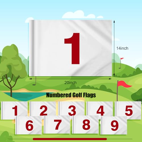 9 Pieces Large Numbered Golf Flags with Tube Inserted 20\'\'l X 14\'\'h Oversize Putting Green Flags White Number 1-9, 420d Nylon Flag for Yard Indoor Outdoor Backyard Garden ( White)