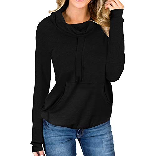 Davenil Women s Sweatshirts with Pocket Cowl Neck Sweaters Long Sleeve Pullover Casual Loose Tops with Drawstring Black M