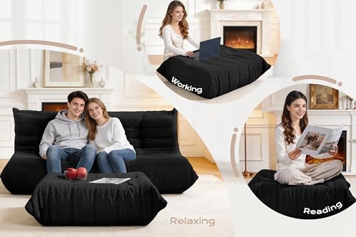 Image of Bean Bag Pouf Ottoman, Foot Stool, Foot Rest with Memory Foam Filled, Rectangle Ottoman for Living Room, Bedroom, Office (Black Teddy)