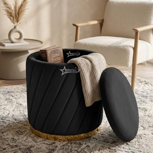 Image of Mythic ArtsRound Upholstered Sitting Stool & Footrest Velvet Storage Ottoman Pouffe16 X 16X 19 inch | Versatile Puffy for Living Room, Bedroom, and Office ? Chic Home Furnishings & Dcor Black