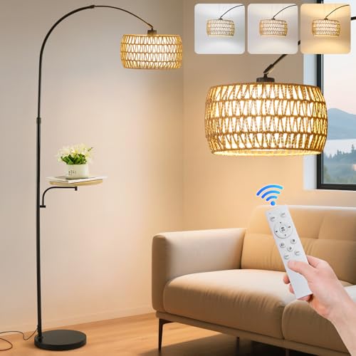 Powfloven Arc Floor Lamp with Table for Living Room, Boho Rustic Over Couch Lamp with Remote, 3 Color Temperatures Dimmable LED Bulb, Tall Farmhouse Standing Lamp for Bedroom Corner