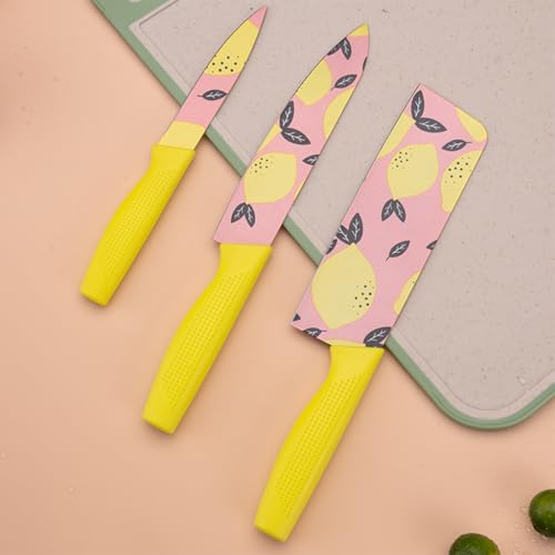 Image of Zibuyu 3PCS Knife Set for Kitchen Use, Stainless Steel Chef Cutter Fruit Cutter Utility Cutter with Anti Slip Handles, Fashion Printed Design for Home Cooking and Daily Meal Prep