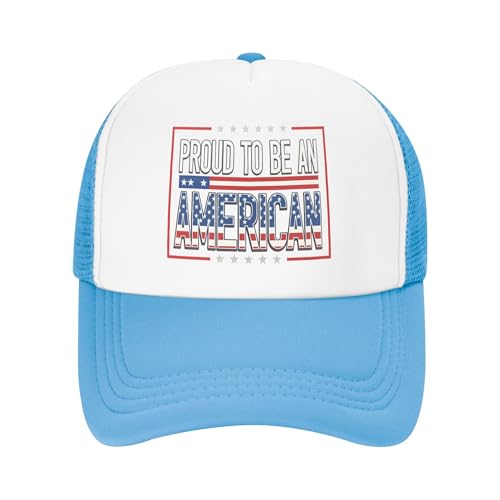 Proud to be an American Trucker Hat 4th of July Baseball Cap Mesh Back Adjustable Hats for Kids - Sky Blue