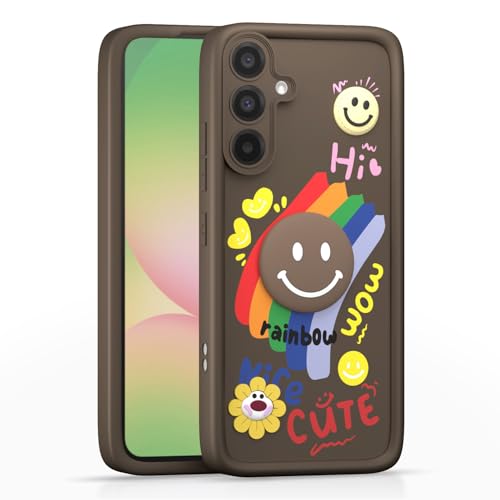 Image of Pikkme Back Cover for Samsung Galaxy A56 5G | Soft Silicone| Cute Rainbow Smile & 3D Cartoon Flower Design | Shockproof Raised Camera Protection Bumper Case (Brown)