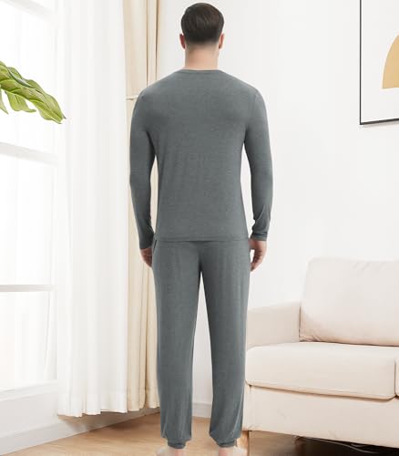 Image of NACHILA Mens Pajamas Set Long Sleeve Henley Sleepwear Top Soft Jogger Pants Pajamas Cool Pjs Set,Viscose Made from Bamboo