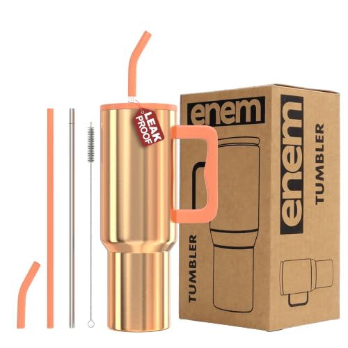 Image of enem Tumbler, Liquid Gold, Insulated Premium Vacuum Leak Proof Tumblers, Stainless Steel Travel Mug with Handle, Lid & Straw, 1.2L Tumbler for Coffee, Iced Tea, or Water