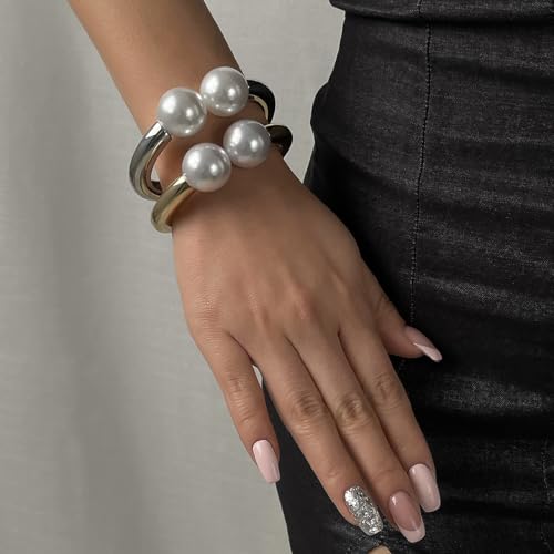 MIFYNN Chunky Gold Pearl Bangle Bracelet for Women Trendy Golded Plated Cuff Bangle Open Wide Bracelet Statement Bracelets Jewelry for Women4