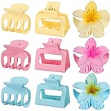 3 Styles Medium Hair Clips for Women 9 Pcs Small Claw Clips for Thin Hair Flower Hair Clips for Thick Hair Square Hair Claw Clips for Girls Hawaiian Plumeria Hair Accessories for Women (Pink)