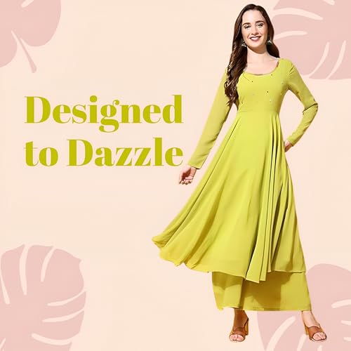 Image of PH POSHAKHUB Georgette Regular Fit Hand Embroidery Anarkali Kurta Set for Women, Yoke Anarkali Kurta for Woman, Ankle Length Anarkali Suit for Women, Full Sleeve Kurti, Dress for Woman