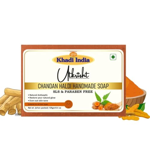 Image of Khadi Chandan Haldi Handmade Bathing Soap Bar 125g (Pack of 4) | Natural & Herbal Anti-Aging Soap for Glowing Skin | Fades Dark Spots & Pigmentation | Reduces Acne & Pimples | All Skin Types