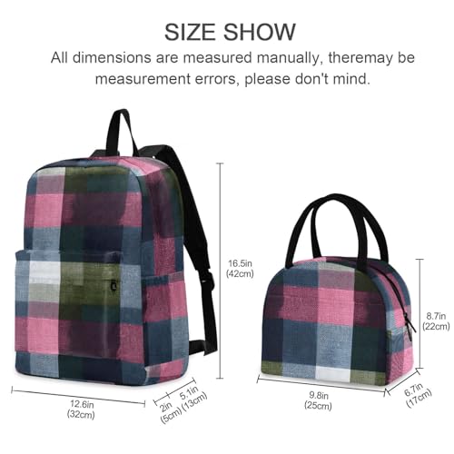 Colored Checkered Print Backpack Set with Lunch Bag, Large Capacity Travel Backpacks and Lunch Box Insulated for Commute Hiking Picnic2