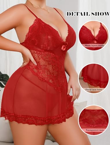 Image of Alrovetoney Women Plus Size Babydoll Lingerie Lace Chemise Mesh Sleepwear Strappy Sexy Nightgown Boudoir Outfit L-4XL