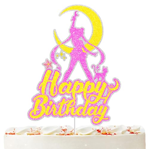 Moon Cat Happy Birthday Glitter Cake Topper Moon Girls Sailor Party Decorations
