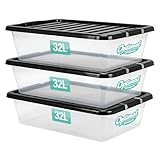 3 x 32L Underbed Plastic Storage Boxes with Lids Set of 3, Clear Multipurpose Nestable Stackable Storage Box 32L Clear Containers Boxes For Home, Kitchen, Office, Garage, Accessories Uses