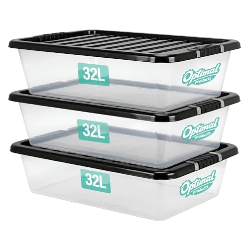 3 x 32L Underbed Plastic Storage Boxes with Lids Set of 3 Clear Multipurpose Nestable Stackable Storage Box 32L Clear Containers Boxes For Home Kitchen Office Garage Accessories Uses