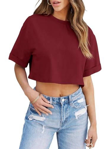 Image of Tankaneo Women Crop T-Shirts Half Sleeve Drop Shoulder Cropped Tops Y2K Casual Summer Basic Tees