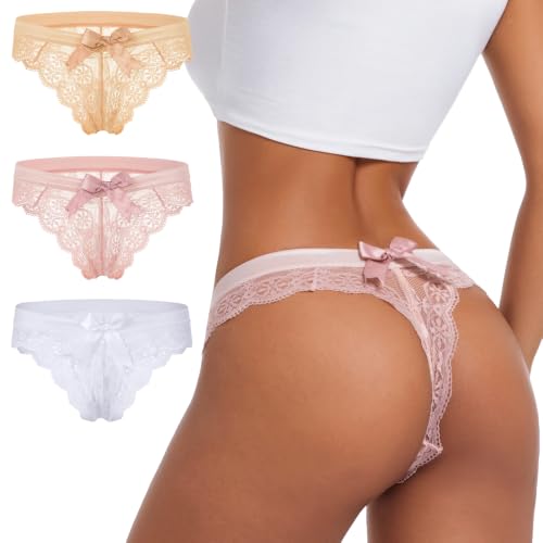 Image of sasiga Women Lace Bow Thongs,T Back Low Waist Panties Sexy V-Shape Design Floral Lace,Breathable Panties for Women 3-Pack