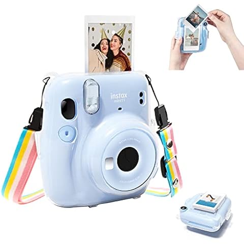 HIYQIN Mini 11 Case, Protective Clear Case for Fujifilm Instax Mini 11 Camera Crystal Hard Shell Cover with Rainbow Shoulder Strap Cover