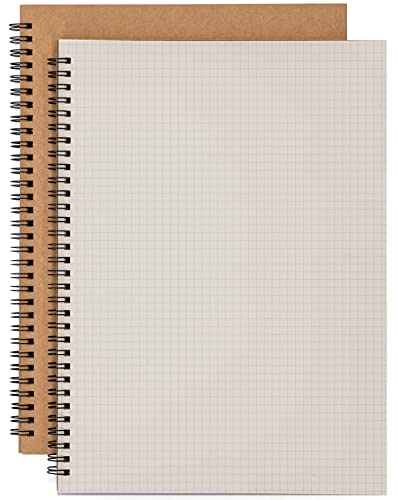 Cemiplus 2 Pack A4 Grid Spiral Notebook Kraft Cover 5mm Square Grid/Gridded Pages Graph Ruled Wirebound Notebooks Bulk Journals