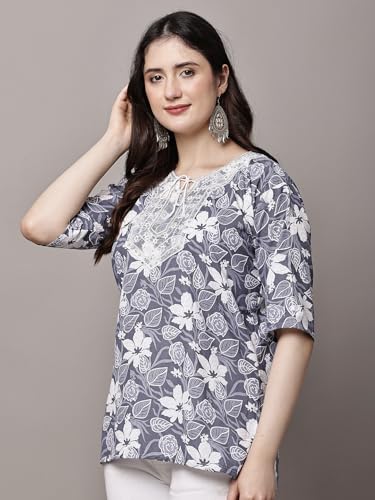Image of Women's Red Printed Short Kurti with Lace Trim, 3 /4 Sleeves, Round Neck, Ethnic Style