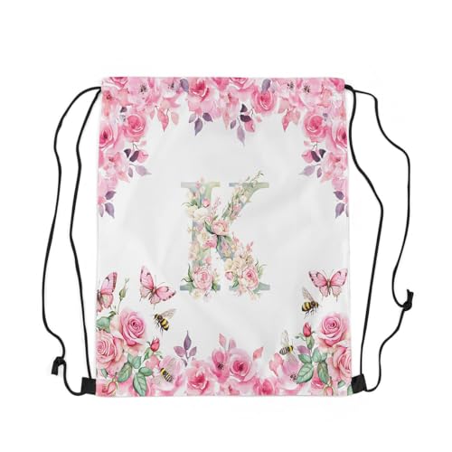 Erosebridal Initial A-Z Drawstring Backpack,13 x 15.7 inch Initial Letter K Drawstring Bag,Floral Monogrammed Draw String Back Bag,Romantic Rose Alphabet String Backpack for Sport Gym Swim2