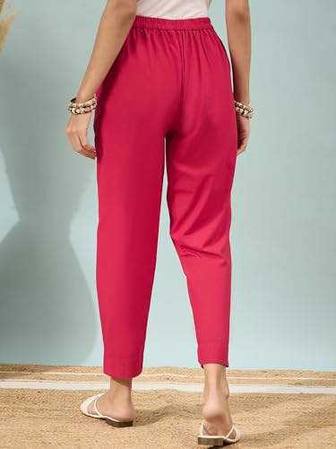 Image of D K W Women's Mid Rise Relaxed Fit Cotton Flex Trousers with Elastic Back & Drawstring - Ideal for Winter, Formal, Office & Casual Wear, Comfortable for Girls and Women