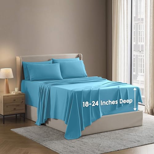 Image of Nestl Extra Deep King Sheet Set - 6 Piece Breathable & Cooling Sheets - Hotel Luxury Bedding Set w /18-24 Inch Deep Pockets - Easy & Secure Fit - Super Soft, Wrinkle Free & Comfy - Bright Blue