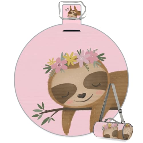 Shimoshe Flower Sloth Picnic Outdoor Blanket Foldable Waterproof Sandproof Beach Blanket Portable Water-Resistant Round Picnic Mat for Travel Camping Park Lawn