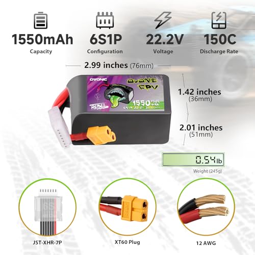 OVONIC 22.2V Lipo 1550 mAh 150C Lipo Battery with XT60 Plug ?2 Pack? by OVONIC - Image 2